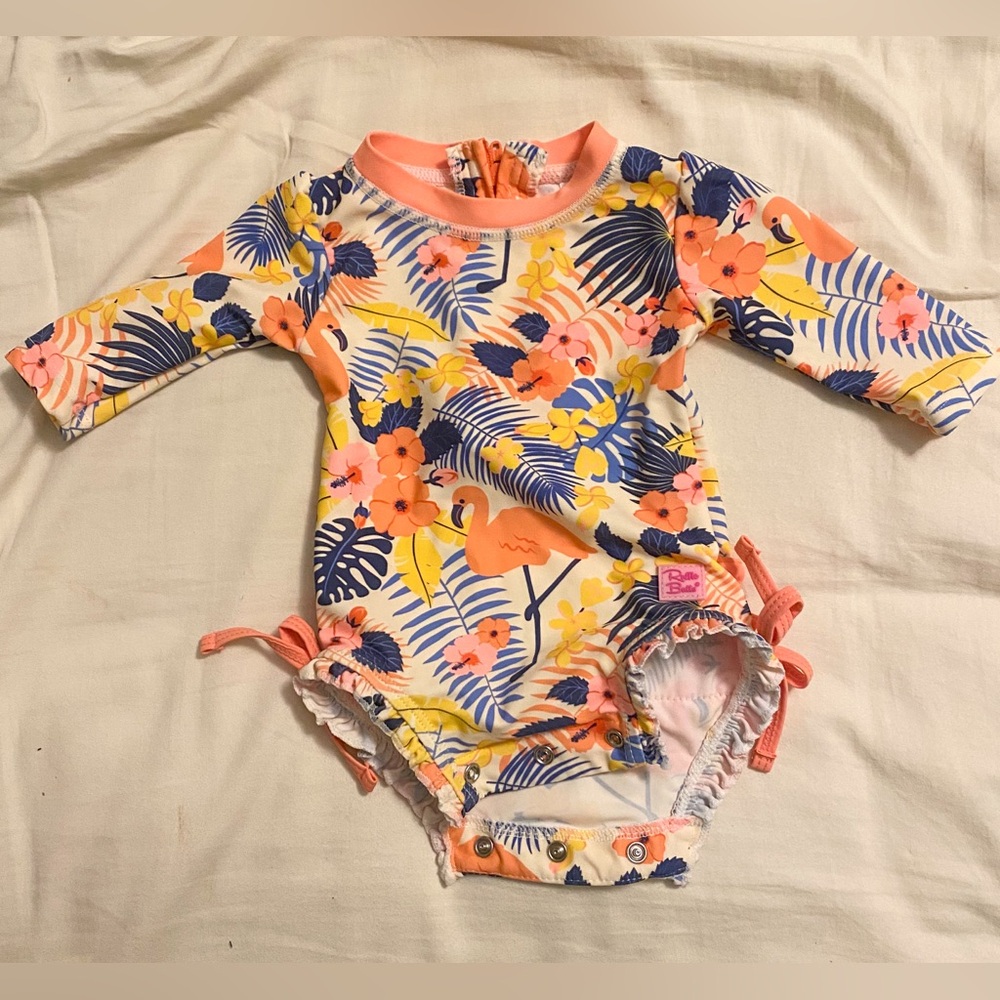 RuffleButts Coral flamingo long sleeve Infant Rashguard